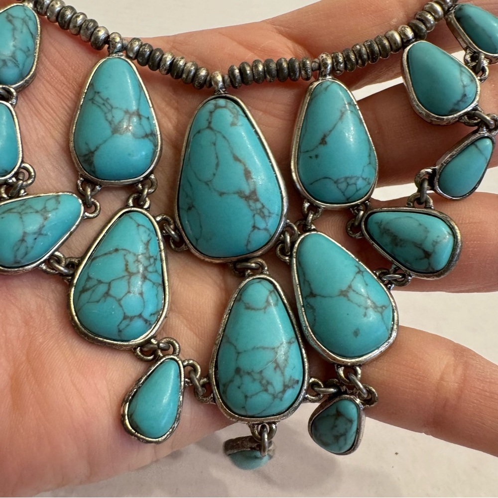 Lucky Brand Signed Faux Turquoise Stone Silver Tone Jewelry Chunky Boho Necklace - Picture 16 of 16